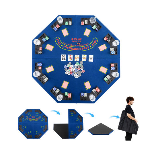48 Inch 8-Player Foldable Poker Table Top with Carrying Bag and Cup Holders-Blue