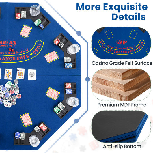 48 Inch 8-Player Foldable Poker Table Top with Carrying Bag and Cup Holders-Blue