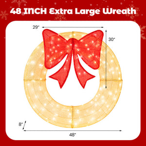 48 Inch Pre-Lit Lighted Christmas Mesh Wreath with Large Bow and 200 LED Bulbs