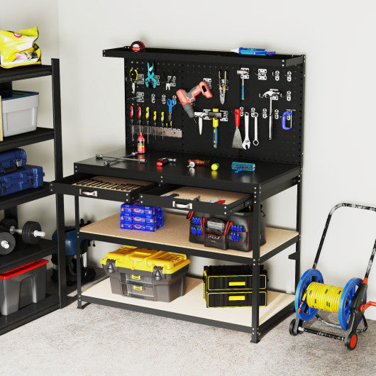 48 x 24 Inch Workbench Work Table with 3 PCs Pegboard Drawer and Shelves-Black