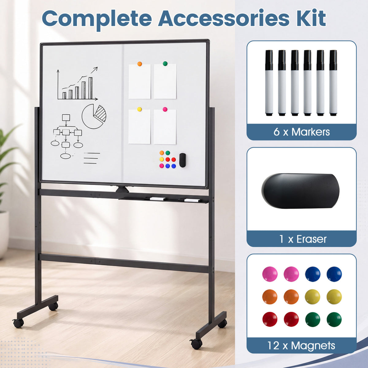 48" x 36" Double-Sided Mobile White Board with Lockable Universal Wheels for Office-Black