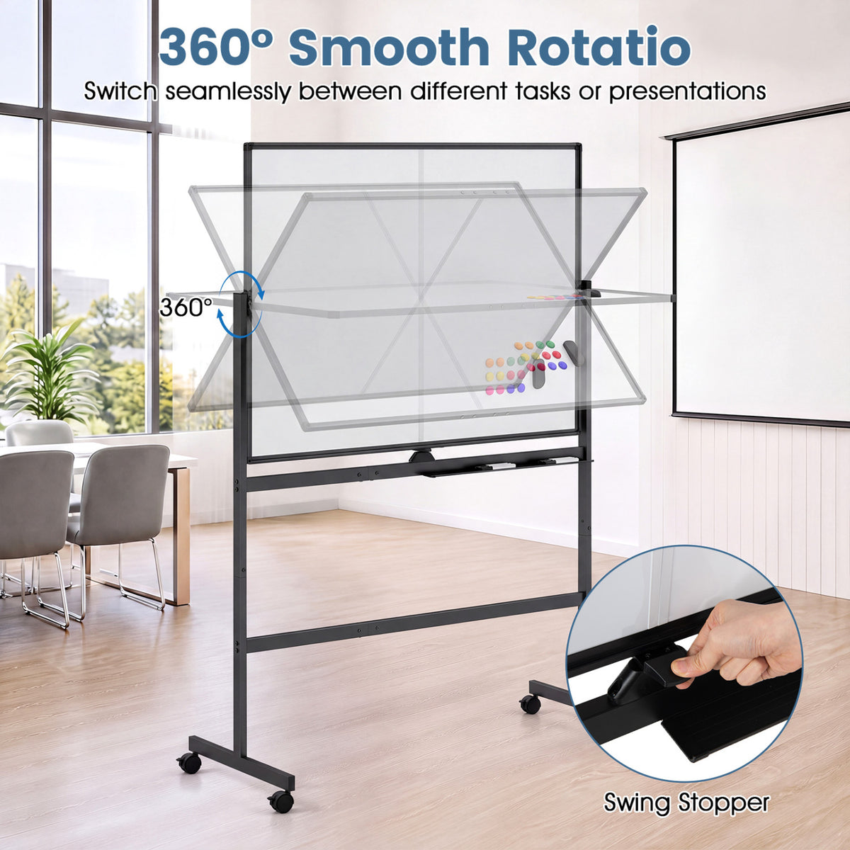 48" x 36" Double-Sided Mobile White Board with Lockable Universal Wheels for Office-Black