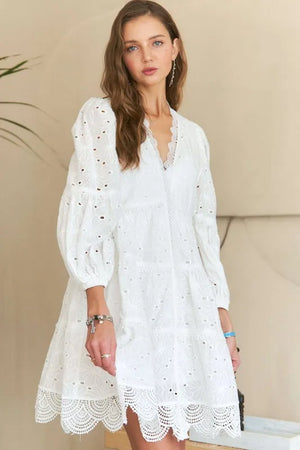 Lace Detail Tiered Eyelet V-Neck Babydoll Dress For Women – Feminine Boho Chic Dress, Fluttering, Elegant Lace & Eyelet