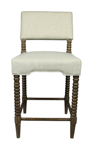 26" Off White And Brown Fabric And Linen And Wood Counter Height Bar Chair