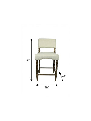 26" Off White And Brown Fabric And Linen And Wood Counter Height Bar Chair