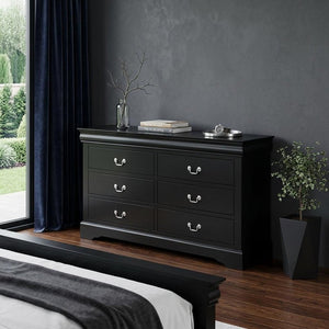 60" Black Wood Six Drawer Double Dresser