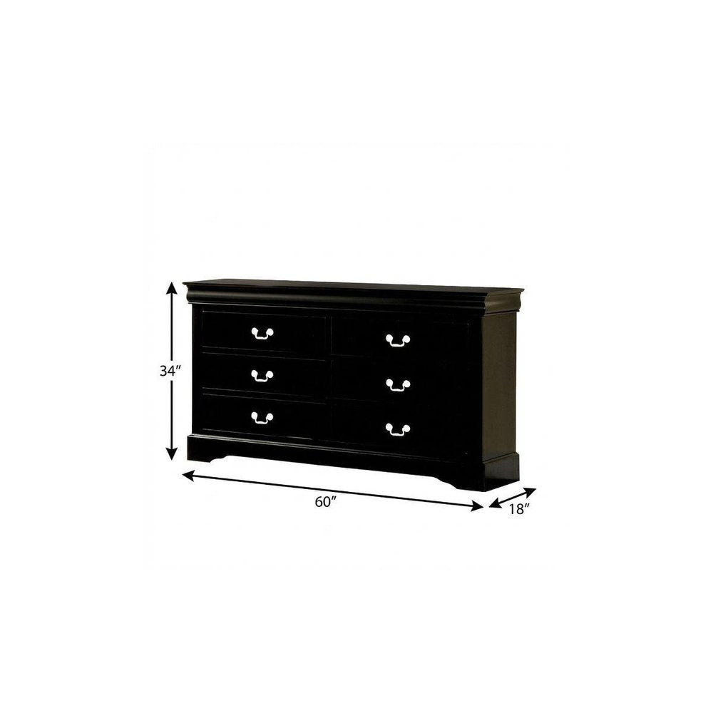 60" Black Wood Six Drawer Double Dresser