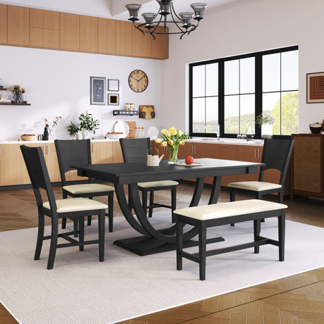 Modern kitchen featuring the Topmax 6 Piece Wood Half Round Dining Table Set with a long bench, four chairs, and modern style. The black table is adorned with flowers, fruit, and cups; wooden cabinets, large windows, wall clock, and art complete the look.