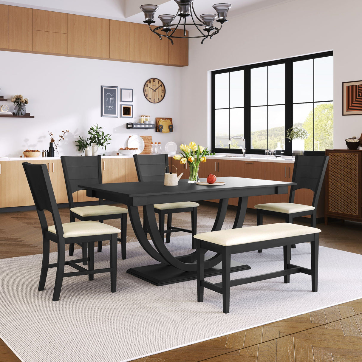 Topmax - 6 Piece Wood Half Round Dining Table Set Kitchen Table Set With Long Bench And 4 Dining Chairs, Modern Style by Couch.com