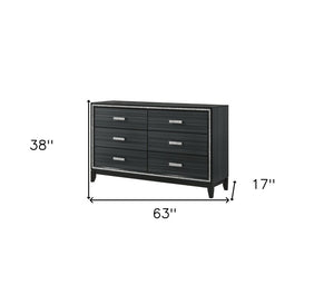 63" Black Wood Six Drawer Double Dresser