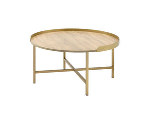 34" Oak and Gold Wood And Metal Round Sled Coffee Table