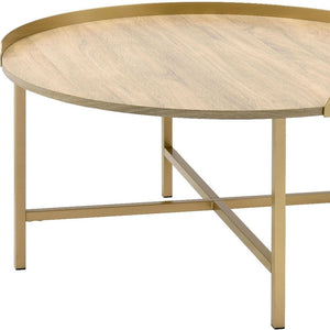 34" Oak and Gold Wood And Metal Round Sled Coffee Table