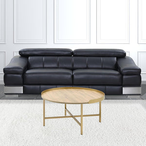 34" Oak and Gold Wood And Metal Round Sled Coffee Table