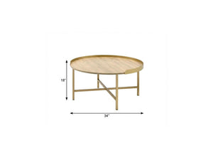34" Oak and Gold Wood And Metal Round Sled Coffee Table