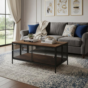 41" Brown and Black Wood And Metal Frame Coffee Table With Shelf