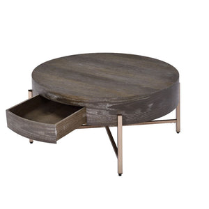 32" Dark Brown and Champagne Wood And Metal Round Sled Coffee Table With Drawer