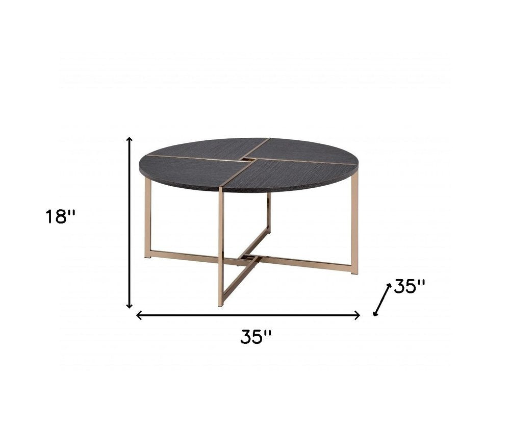 35" Black and Champagne Metal Round Cross Legs Coffee Table