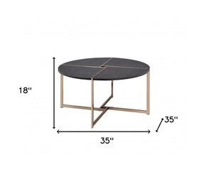 35" Black and Champagne Metal Round Cross Legs Coffee Table