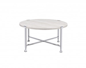 36" White and Silver Metal Round Cross Legs Coffee Table