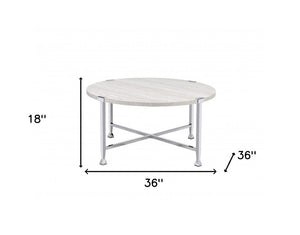 36" White and Silver Metal Round Cross Legs Coffee Table