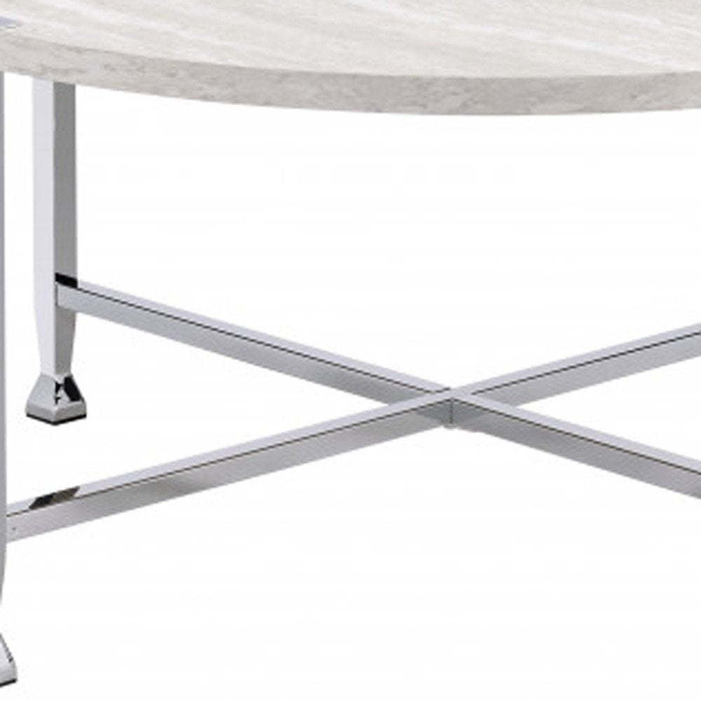 36" White and Silver Metal Round Cross Legs Coffee Table