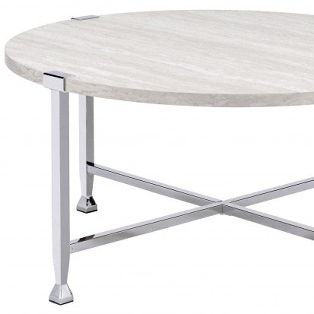 36" White and Silver Metal Round Cross Legs Coffee Table