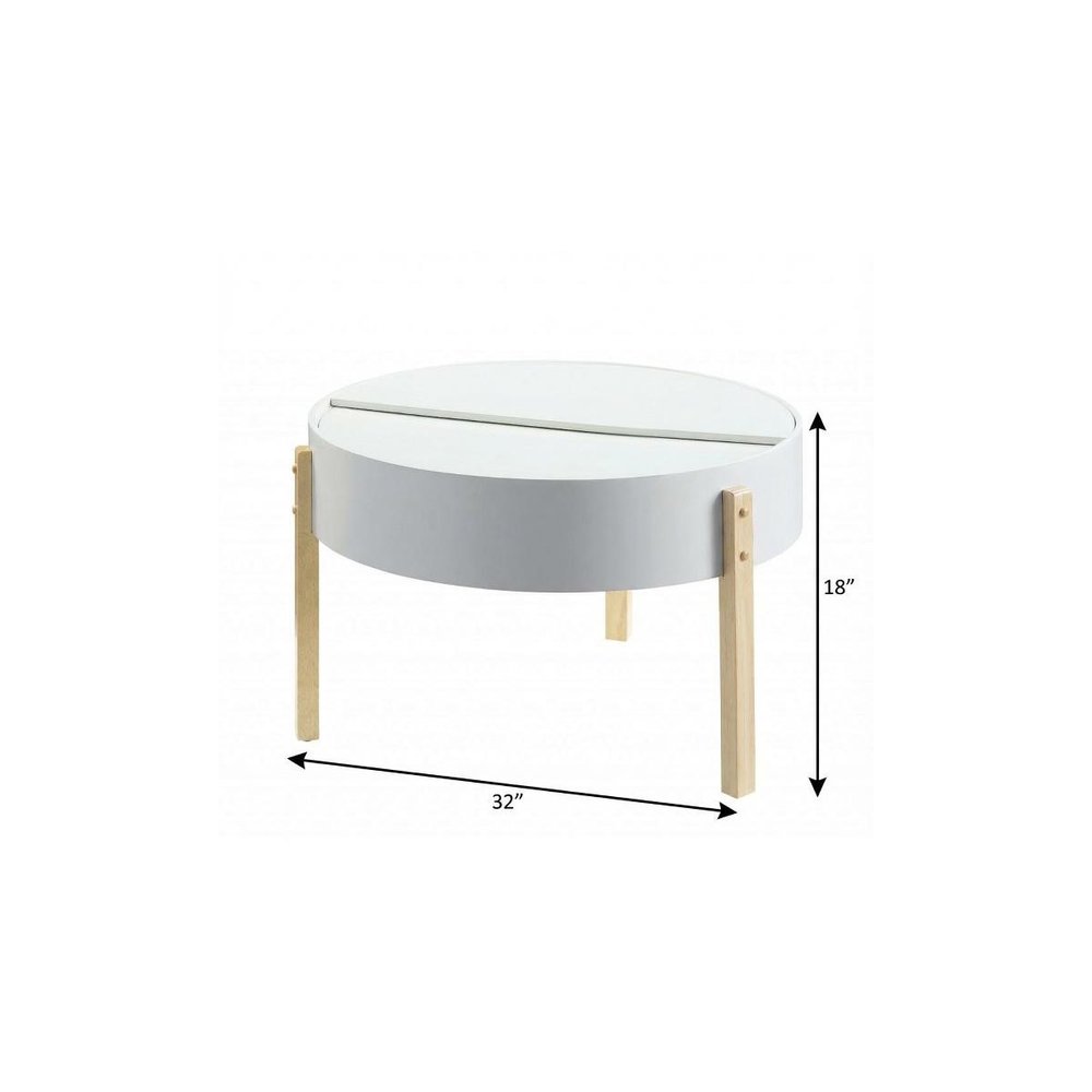 32" White and Natural Wood And Solid Wood Round Coffee Table