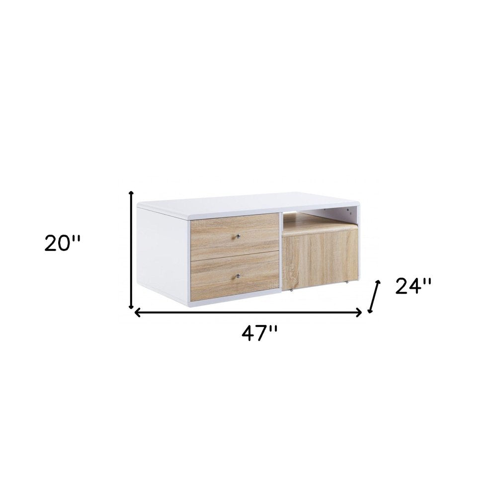 47" White and Natural Wood Frame Coffee Table With Two Drawers