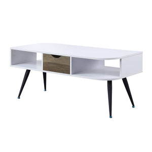 44" White and Black Melamine Veneer And Metal Coffee Table With Drawer And Shelf