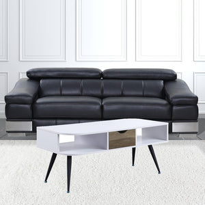 44" White and Black Melamine Veneer And Metal Coffee Table With Drawer And Shelf