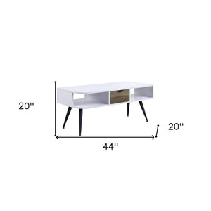 44" White and Black Melamine Veneer And Metal Coffee Table With Drawer And Shelf
