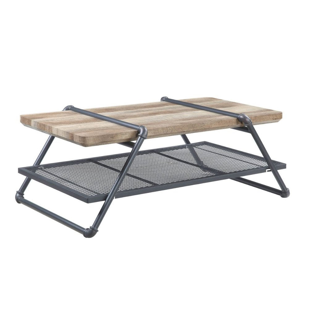 47" Natural and Gray Metal Sled Coffee Table With Shelf