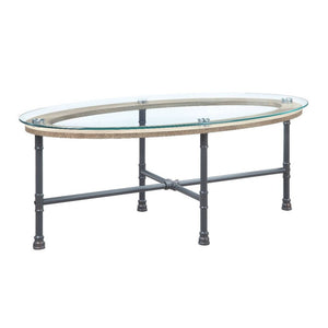 47" Clear and Gray Glass And Metal Oval Sled Coffee Table