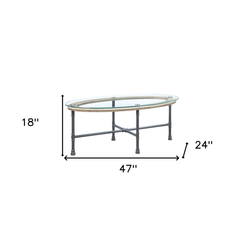 47" Clear and Gray Glass And Metal Oval Sled Coffee Table