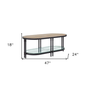 47" Natural Metal Oval Sled Coffee Table With Shelf