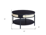 32" Black Wood And Metal Round Coffee Table With Shelf