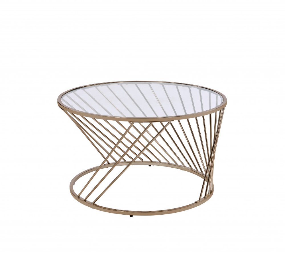 32" Clear and Champagne Glass And Metal Round Frame Coffee Table