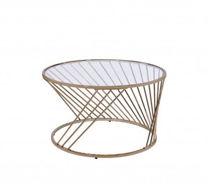 32" Clear and Champagne Glass And Metal Round Frame Coffee Table