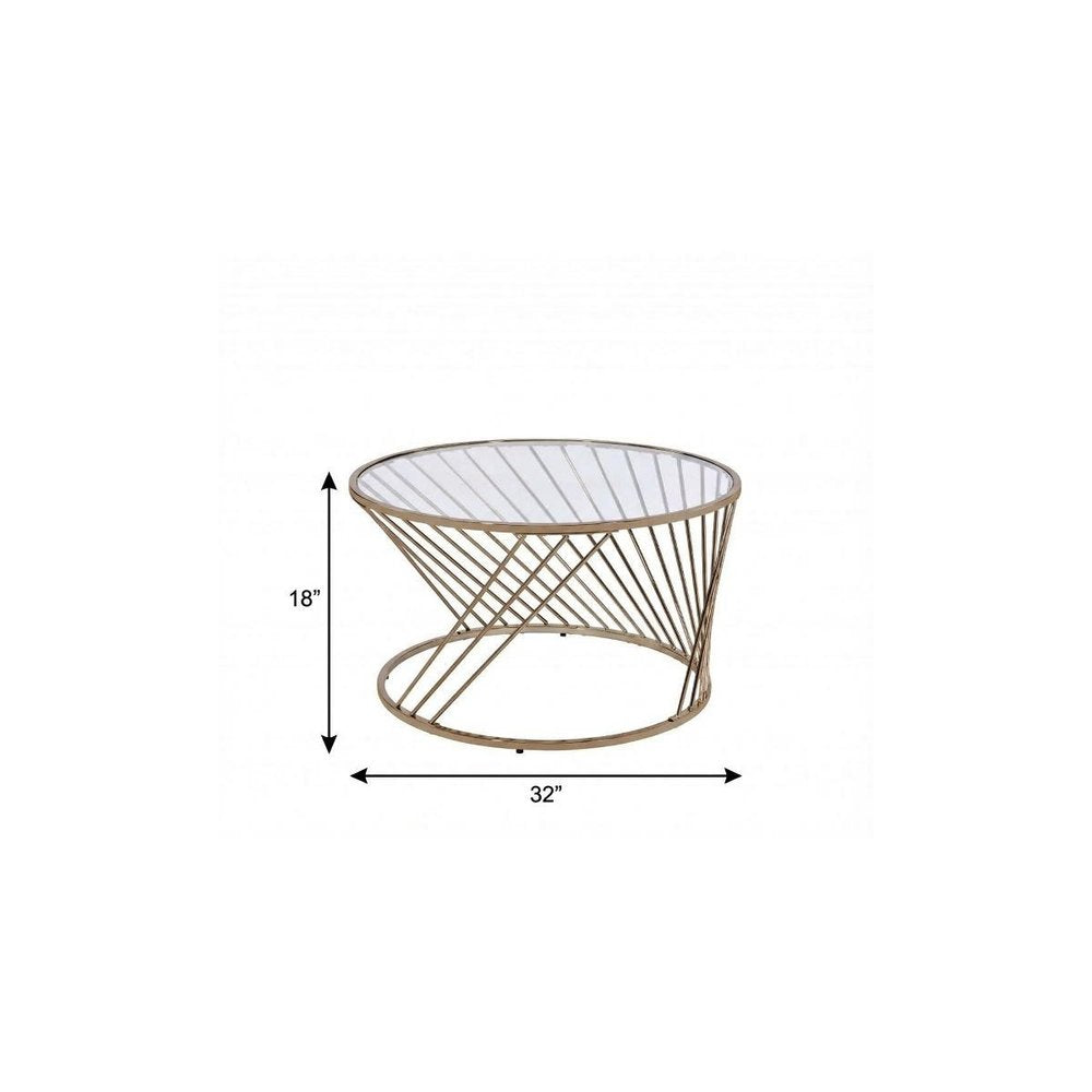 32" Clear and Champagne Glass And Metal Round Frame Coffee Table
