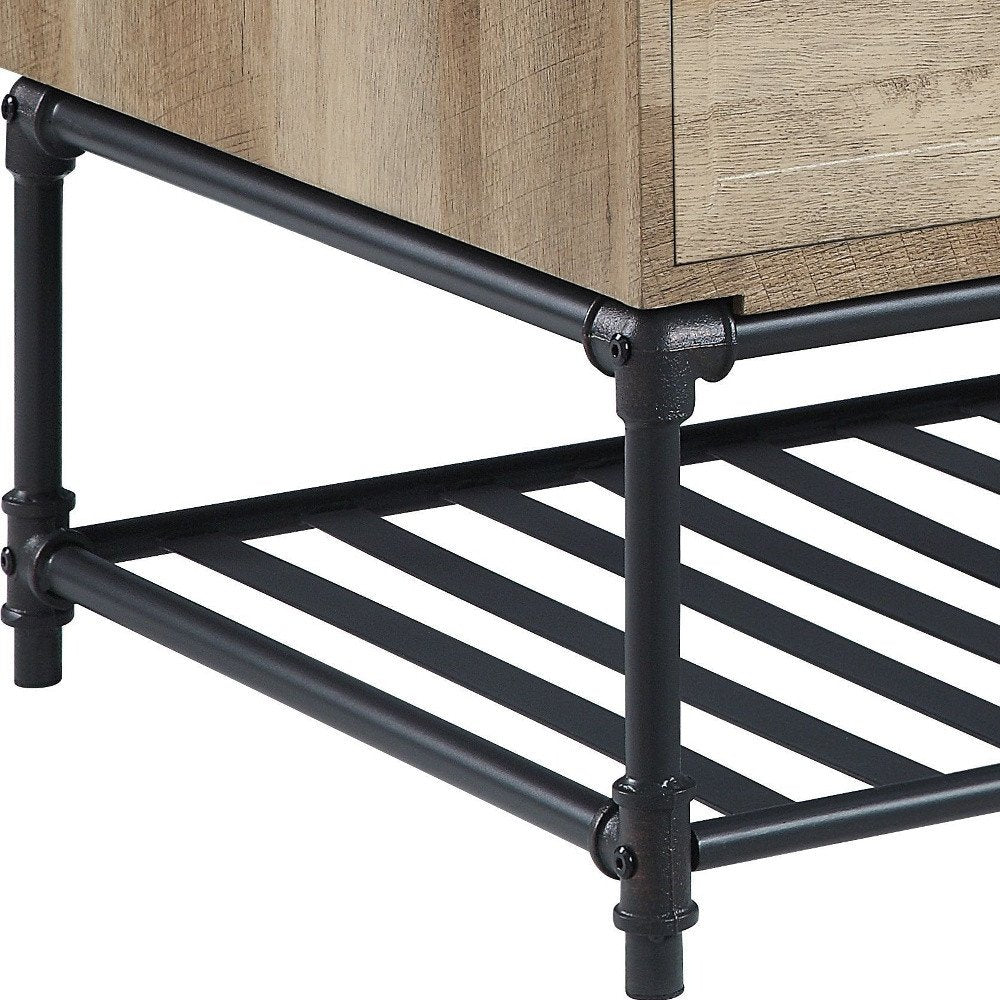 47" Oak and Brown Metal Coffee Table With Two Drawers And Shelf