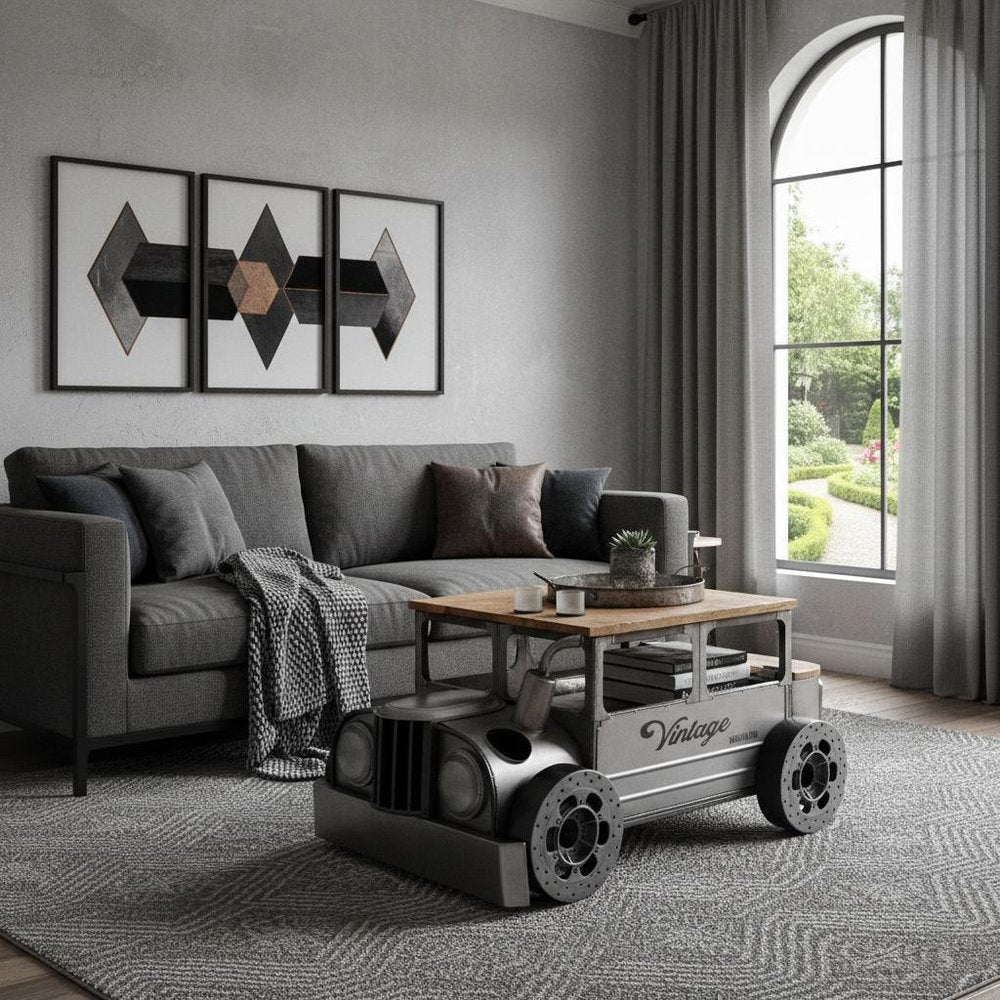 42" Grey And Brown Vintage Style Truck Solid Wood and Metal Coffee Table