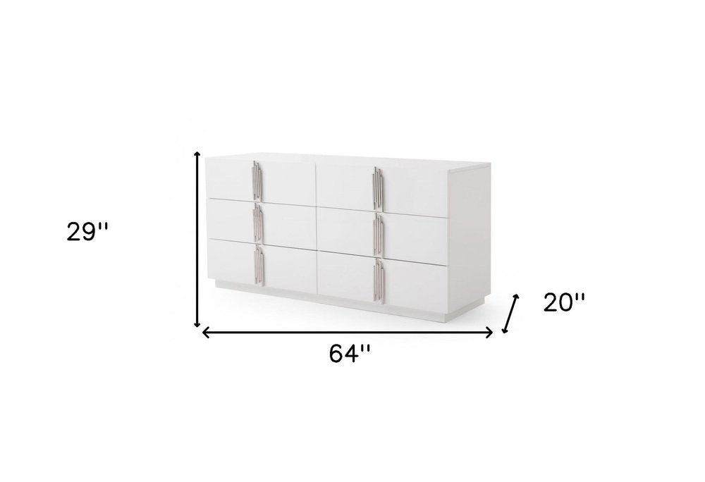 64" White Wood Six Drawer Double Dresser