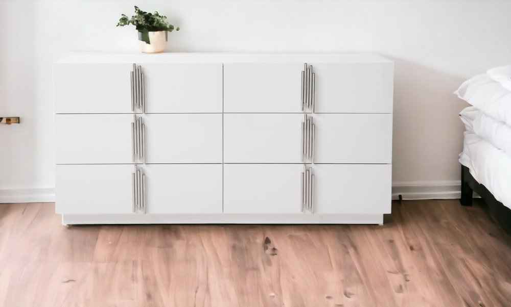 64" White Wood Six Drawer Double Dresser