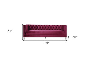89" Burgundy Velvet Sofa And Toss Pillows With Black Legs