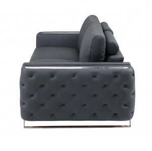 90" Gray Italian Leather Sofa With Silver Legs