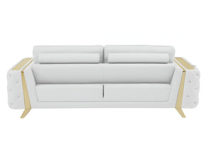 90" White Italian Leather Sofa With Gold Legs