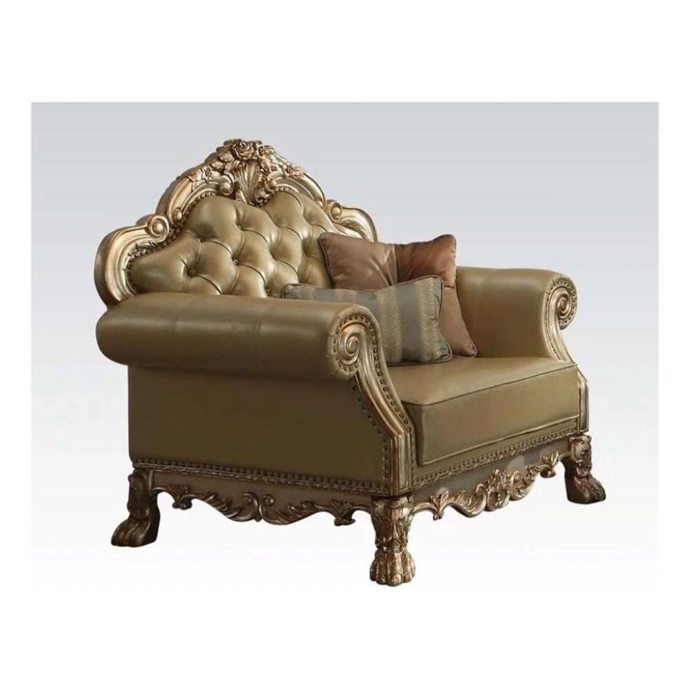 45" Ivory and Gold Faux Leather Tufted Arm Chair And Toss Pillows