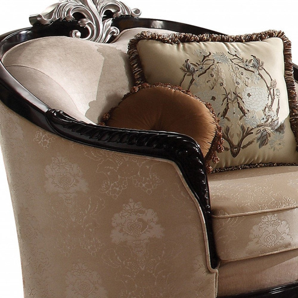 47" Tan and Black Fabric Floral Arm Chair And Toss Pillows