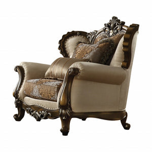 49" Tan and Brown Fabric Damask Tufted Wingback Chair And Toss Pillows