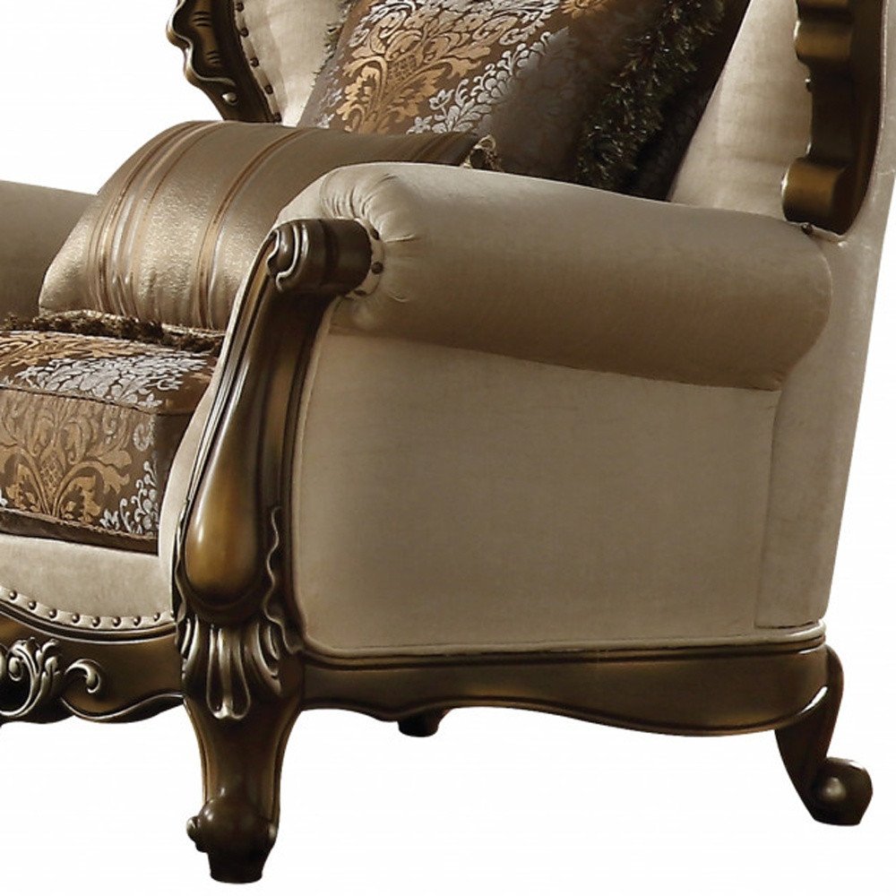 49" Tan and Brown Fabric Damask Tufted Wingback Chair And Toss Pillows
